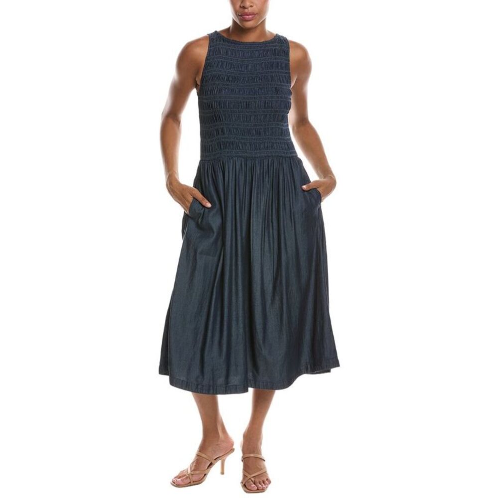 Madewell Womens  Denim Smocked Midi Dress, Blue